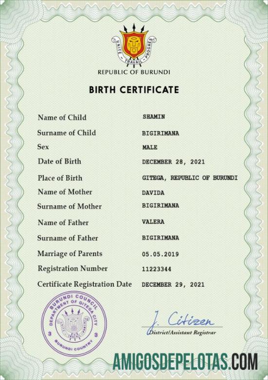 Em branco modelo PSD de certidão de nascimento de registro vital do Burundi